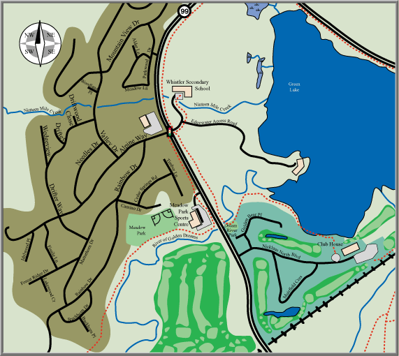 Nicklaus North Map whistler maps Nicklaus North Golf Course neighbourhood Green Lake Boardwalk Valley Trail Meadow Park Sports Center Edgewater Outdoor Centre golf course living locations Whistler BC Canada