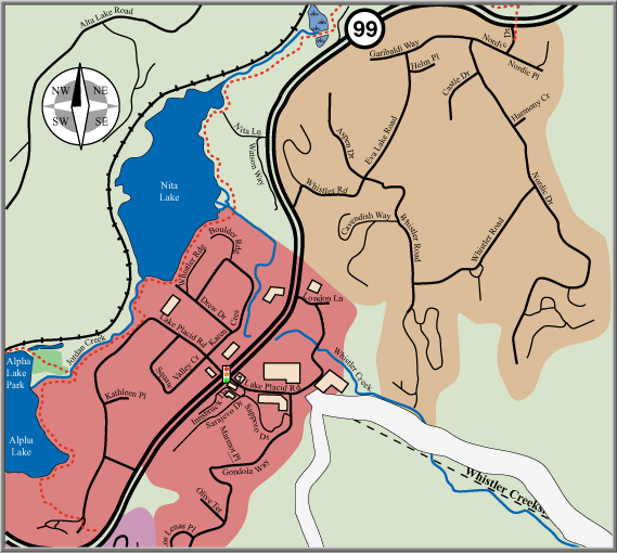 Whistler Creekside Map whistler maps Taluswood ski-in ski-out Creekside Gondola Whistler Creek Nordic Estates Alta Lake Nita Lake Alpha Lake Valley Trail southside Whistler Mountain slopeside locations Whistler BC Canada