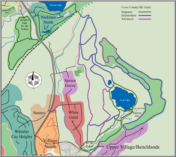 Cross-Country Trail Map whistler maps x-country skiing Lost Lake Park hiking mountain biking trails Valley Trail Meadow Park Sports Center cross country ticket booth warming hut Chateau Whistler Golf Course Whistler Village North Upper Village Blackcomb Benchlands Whistler BC Canada