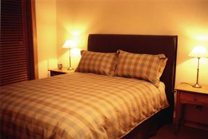 Main floor bedroom with king or twin beds and ensuite bathroom with heated slate floor