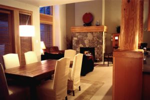 Designer furnishings and gas fireplace